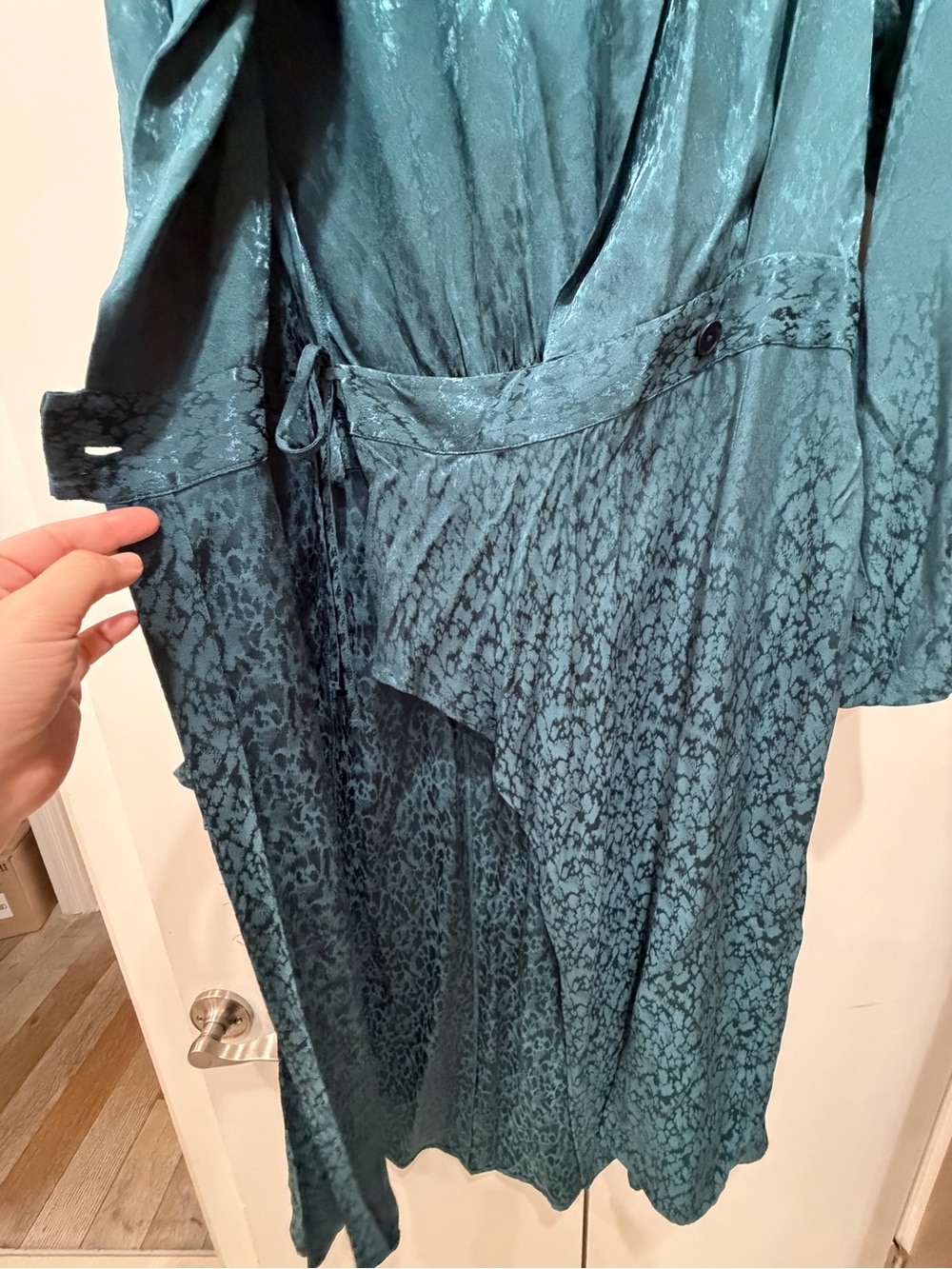 Anthropologie Blazer Wrap Dress Dark Teal Satin Textured Midi Long Sleeve Sz 8 - Picture 10 of 12